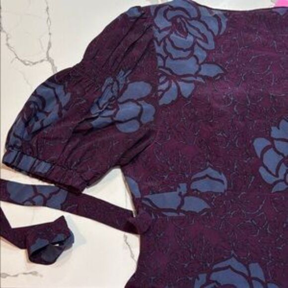 Black Halo | Silk Tunic Style Women’s Purple Floral Print Wrap Blouse Top Size M - Picture 9 of 16